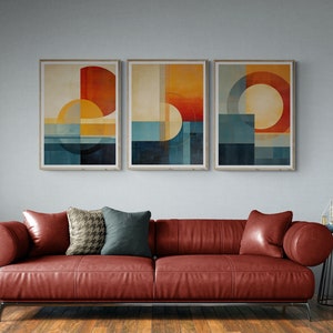 Trittico Mid Century Modern Set di 3 stampe, Download istantaneo, Arte murale stampabile, Pittura astratta del paesaggio al tramonto, Arte murale minimalista