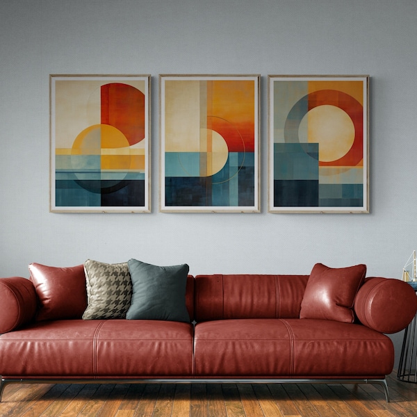 Triptyque Mid Century Modern Set de 3 estampes, téléchargement instantané, art mural imprimable, peinture abstraite de paysage au coucher du soleil, art mural minimaliste