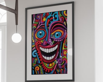 Abstrakt samtida popkonstporträtt, direktnedladdning, utskrivbar väggkonst, psykedelisk konst, surrealistisk målning, färgglad trippy rumsdekor
