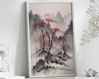 Japanische Aquarell Landschaft Wandkunst, druckbare Wandkunst, abstrakte Aquarell Malerei, Lotus Baum Kunst Landschaft Druck, Instant Download
