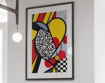 Retro Pop Art Print Instant Download, Printable Wall Art - Abstract Pop Art, Heart Shapes Poster, Colorful Mid-Century Pop Art, Lovers Gift