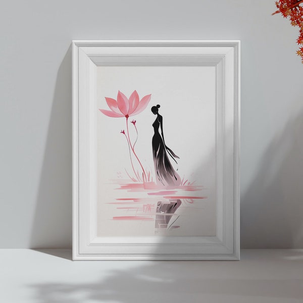 Japanese Geisha Print, Instant Download, Printable Wall Art, Minimalist Sumi E Wall Art, Pink Lotus Painting, Relaxing Room Decor for Girls