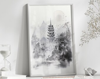 Japanese Landscape Painting, Instant Download, Printable Wall Art, Black & White Sumi-E Print, Vintage Japanese Decor, Gift for Japan Fan
