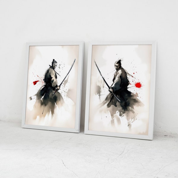 Diptych Japanese Samurai Wall Art, Set of 2 Printable Wall Art, Japanese Sumi-E Canvas Painting, Contemporary Sumi E Art, Instant Download