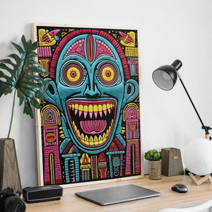 Psychedelic Alien Print, Instant Download, Printable Wall Art, Colorful Pop Art Poster, Creepy Entity Painting, Surreal Pop Art, Trippy Gift
