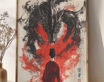 Japanische Geisha & Drachen Print, digitaler Download, druckbare Wandkunst, traditionelle Kanji Kalligraphie Wandkunst, einzigartige Japan Themen Wohnkultur