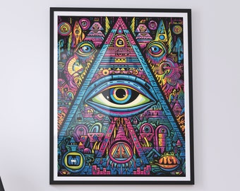 Impresión de pirámide psicodélica, descarga digital, arte mural imprimible, pintura del Ojo de la Providencia, decoración psicodélica para habitación, póster imprimible de los Illuminati