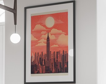 Retro NYC Poster Printable Wall Art, Coral Red Skyline Print Instant Download, Trendy Risograph Poster, Unique Empire State Building Artwork