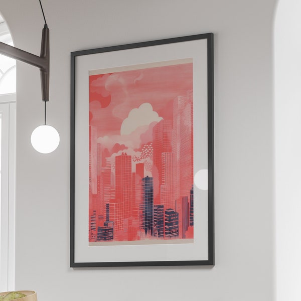 Abstract Manhattan Risograph Printable Wall Art Instant Download, Trendy New York City Poster, Coral Red Skyline Print Maximalist Wall Decor