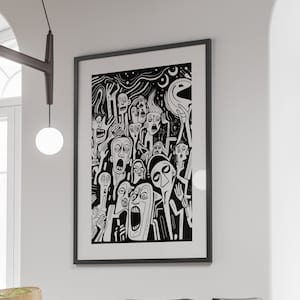 Grabado surrealista en blanco y negro, descarga digital, arte mural imprimible, póster de arte pop psicodélico, pintura expresionista abstracta