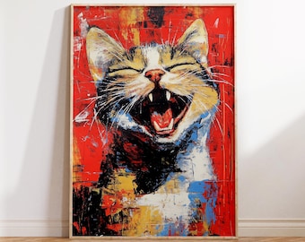 Glückliches Kätzchen Gemälde, digitaler Download, druckbare Wandkunst, Katze Mama Geschenk, trendiges Pop Art Print, niedliches vielseitiges Wohndekor, maximalistisches Dekor