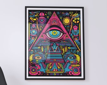 Póster psicodélico de la masonería, descarga instantánea, regalo imprimible para pared, pintura colorida del Ojo de la Providencia, obra de arte de la pirámide Illuminati