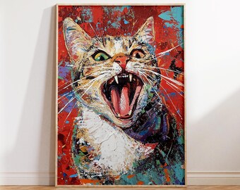 Feisty Kitty Painting, Printable Wall Art, Digital Download, Vibrant Pop Art Print, Colorful Eclectic Cat Wall Decor, Unique Kitten Mom Gift
