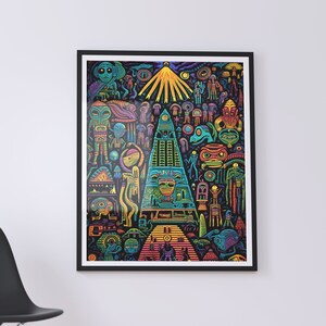 Trippy Mesoamerican Art Print, Digital Download, Printable Wall Art, Ancient Aliens Painting, Aztec Folk Wall Art, Vibrant Neon Colors Art