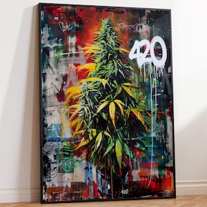 Poster colorato di erba, arte murale stampabile, download digitale, dipinto botanico pop art, stampa di cannabis audace, regalo per amici 420, arredamento per marijuana