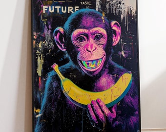 FUTURE Vibrant Neon Pop Art Monkey Poster, Digital Download, Printable Wall Art, GenZ Pop Culture Wall Decor, Maximalist Art Kitchen Print