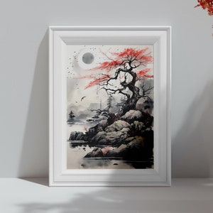 Japanese Landscape Scenery, Printable Wall Art, Instant Download, Cherry Blossom Painting, Japanese Sumi E Art Print, Gift for Japan Lover