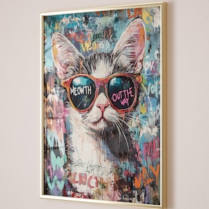 Poster pop art con slogan di gatti divertenti, download digitale, stampabile, dipinto di gatti in stile street art urbana, arredamento funky per la casa, graffiti colorati