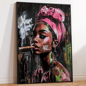Modern African Women Pop Art Portrait Painting, Printable Wall Art, Digital Download, Trendy Smoke Room Decor, Vibrant Colorful Poster Print