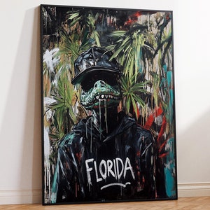 Poster divertente della Florida, arte murale stampabile, download digitale, poster coccodrillo, stampa pop art antropomorfica, arredamento per la casa tropicale della Florida