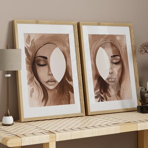 Retrato de mujer preppy, juego de 2 impresiones de arte mural imprimibles, decoración de pared en tonos tierra, descarga instantánea, impresión relajante para interiores femeninos