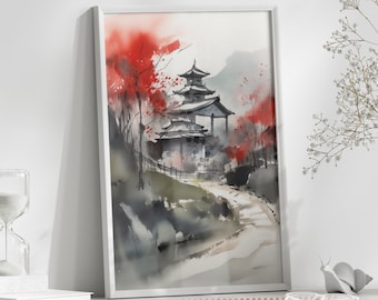 Japanese Village Landscape, Printable Wall Art, Downloadable Japanese Art Print, Relaxing Wall Decor, Trendy Wabi-Sabi Living Room Decor