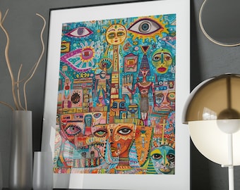 Maximalist Ancient Egypt Illustration, Printable Wall Art, Digital Download, Modern Eclectic Painting, Trippy Pop Art Poster, Hippy Wall Art