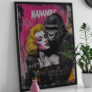 Poster commemorativo di Harambe, stampabile, download digitale, stampa pop art della cultura dei meme, arredamento contemporaneo massimalista, dipinto neo-pop