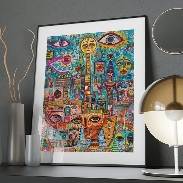 Maximalist Ancient Egypt Illustration, Printable Wall Art, Digital Download, Modern Eclectic Painting, Trippy Pop Art Poster, Hippy Wall Art