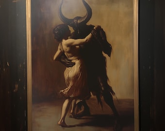 Dancing with the Devil: Dark Academia afdrukbare muurkunst, digitale download, humeurig gotisch muurdecor, oude vintage olieverfschilderij, macabere print
