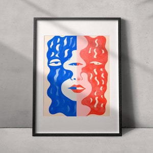 Puede incluir: Ilustración abstracta de retrato de una cara dividida en dos, un lado azul y el otro rojo. El lado azul tiene un patrón ondulado y el lado rojo tiene un patrón ondulado. La cara tiene la boca cerrada y una nariz.