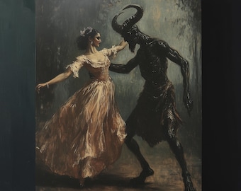 Devil's Dance: Dark Academia Painting, digitale download, afdrukbare muurkunst, uniek gotisch interieur, macabere satanistische folklorekunstprint, digitale download, afdrukbare muurkunst