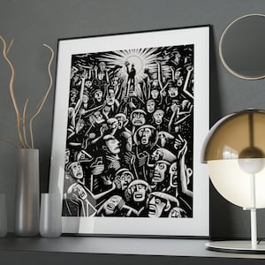 Klassenkampf: Schwarz & weiß Linoldruck, sofortiger Download, druckbare Wandkunst, marxistische Revolution Kunst Poster, surrealistischer Holzschnitt