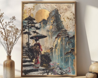 Moody Japanese Geisha Print, Digital Download Printable Wall Art, Beautiful Japanese Mountain Scenery, Modern Geisha Painting, Kanji Artwork