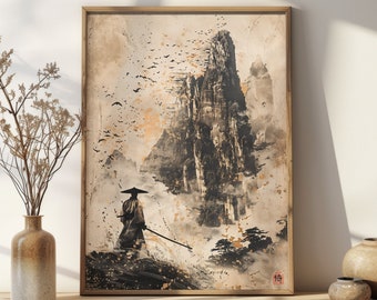 Japanese Vintage Mountain Landscape Poster, Printable Wall Art, Digital Download, Trendy Samurai Print, Traditional Japanese Wall Decor
