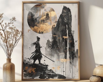 Unique Sumi E Samurai Poster, Printable Wall Art, Instant Download, Moody Japanese Room Decor, Trendy Black & Bronze Living Room Wall Decor