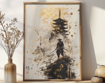 Trendy Black & Gold Japanese Sumi-E Print, Digital Download, Printable Wall Art, Samurai Kanji Poster, Traditional Sumi E Style Wall Decor