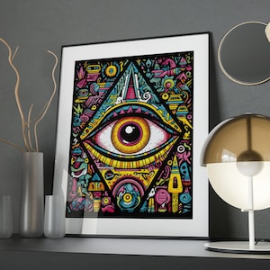 May include: A colorful psychedelic art print featuring a large eye with a yellow iris and black pupil, surrounded by geometric shapes and patterns. The eye is set within a triangle shape, and the background is black.