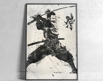 屏風　Sumi-e a painting in black ＆white Vintage Samurai Sumi E Print, Digital Download, Printable