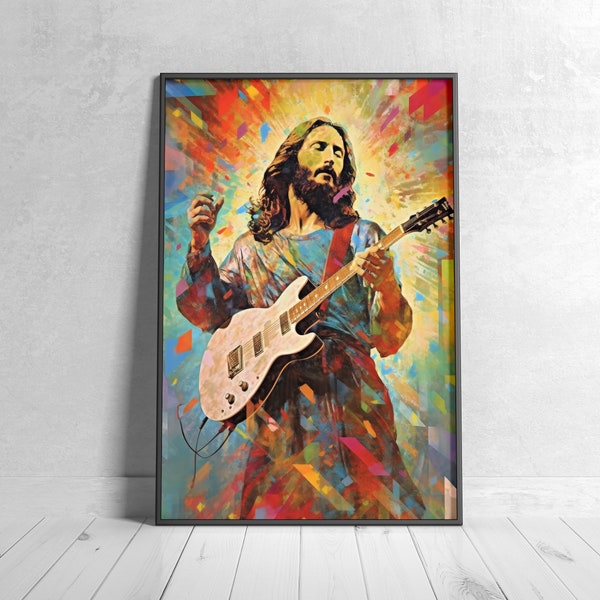 Rock Star Jesus Pop Art Poster Printable Wall Art Instant Download, Guitar Jesus Art, Modern Art Print, Digital Jesus Rock n Roll  Wall Art