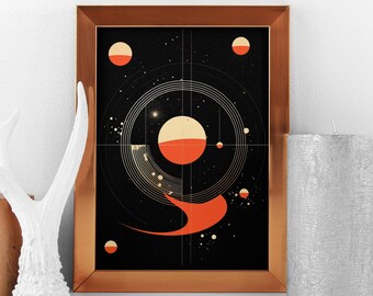 Black & Orange Astronomy Wall Decor, Instant Download, Printable Wall Art, Mid Century Modern Style Space Themed Poster, Retro Office Decor