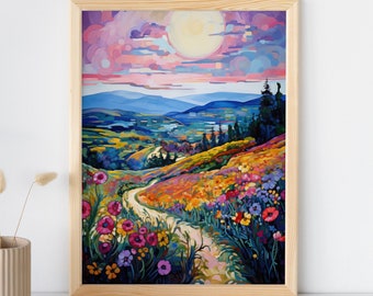 Maximalist Country Scene Painting, Wall Art Printable, Trendy Art, Digital Download, Maximalist Wall Decor, Moody Mountain Landscape Canvas