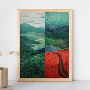 Lebendige surreale Landszene Wandkunst zum ausdrucken, trendige Kunst, digitaler Download, Jade grün Maximalist Wanddekor, abstrakte Landschaftscollage