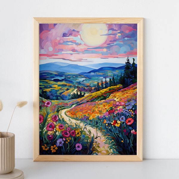 Maximalist Country Scene Painting, Wall Art Printable, Trendy Art, Digital Download, Maximalist Wall Decor, Moody Mountain Landscape Canvas