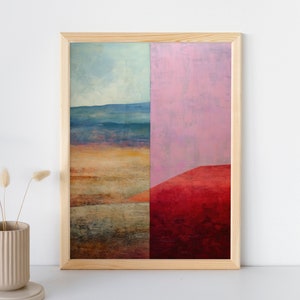 Arte de pared imprimible de lienzo de paisaje vintage minimalista, descarga digital, collage de paisaje abstracto, tono de tierra boho y decoración de pared de Borgoña