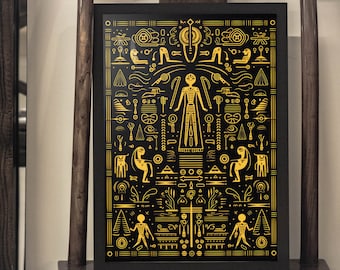 Enigmatic Hieroglyphs Print, Instant Download, Printable Wall Art, Ancient Aliens Anunnaki Poster, Black & Gold Wall Decor, Mesopotamian Art