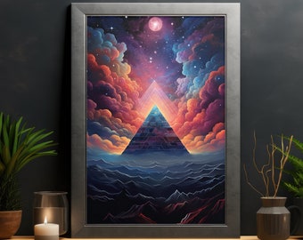 Celestial Fantasy Pyramid Poster Instant Download, Printable Wall Art, Digital Sci-Fi Scenery, Vibrant Home Decor for Science-Fiction Fans