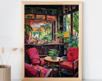 Carribean Beach Bar Interior Painting, Wall Art Printable, Trendy Art, Digital Download, Maximalist Tropical Wall Decor, Cozy Home Decor