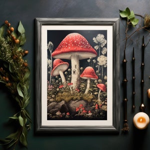 Surreal Red Mushrooms, Printable Wall Art, Digital Download, Dark Cottagecore Room Decor, Floral Goblincore Wall Decor, Moody Antique Decor