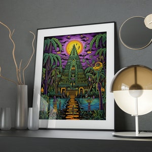 May include: A psychedelic art print featuring a green pyramid-shaped building with a yellow moon in the background. The building is surrounded by trees and figures in the foreground. The print has a vibrant color palette with shades of green, yellow, purple, and blue.